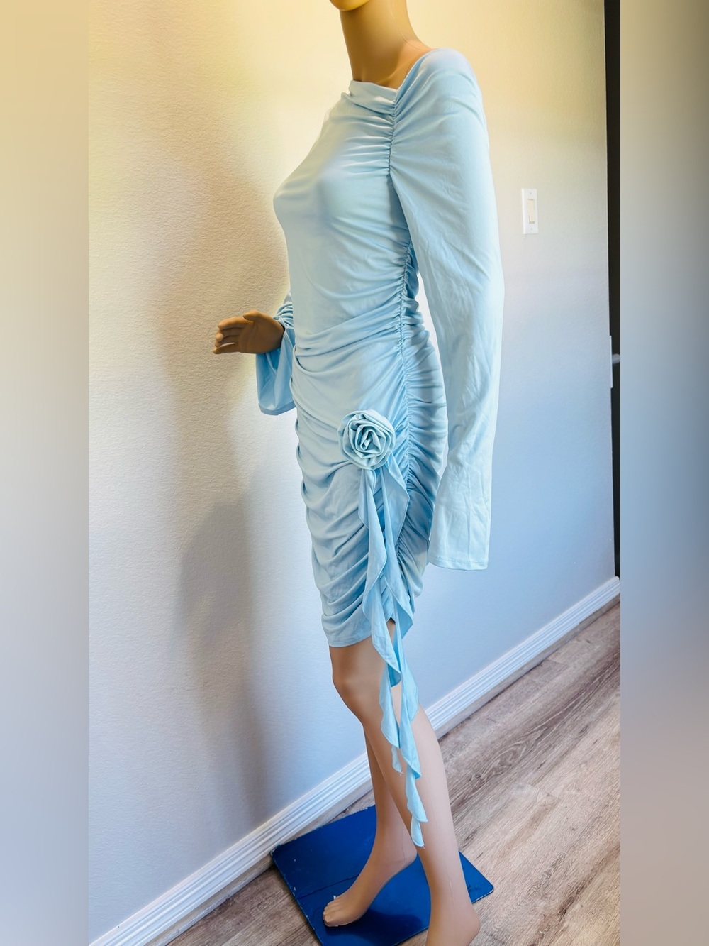 SHEIN Baby Blue One-Shoulder Ruched Mini Dress with Rosette Ruffle NWT - Picture 6 of 16